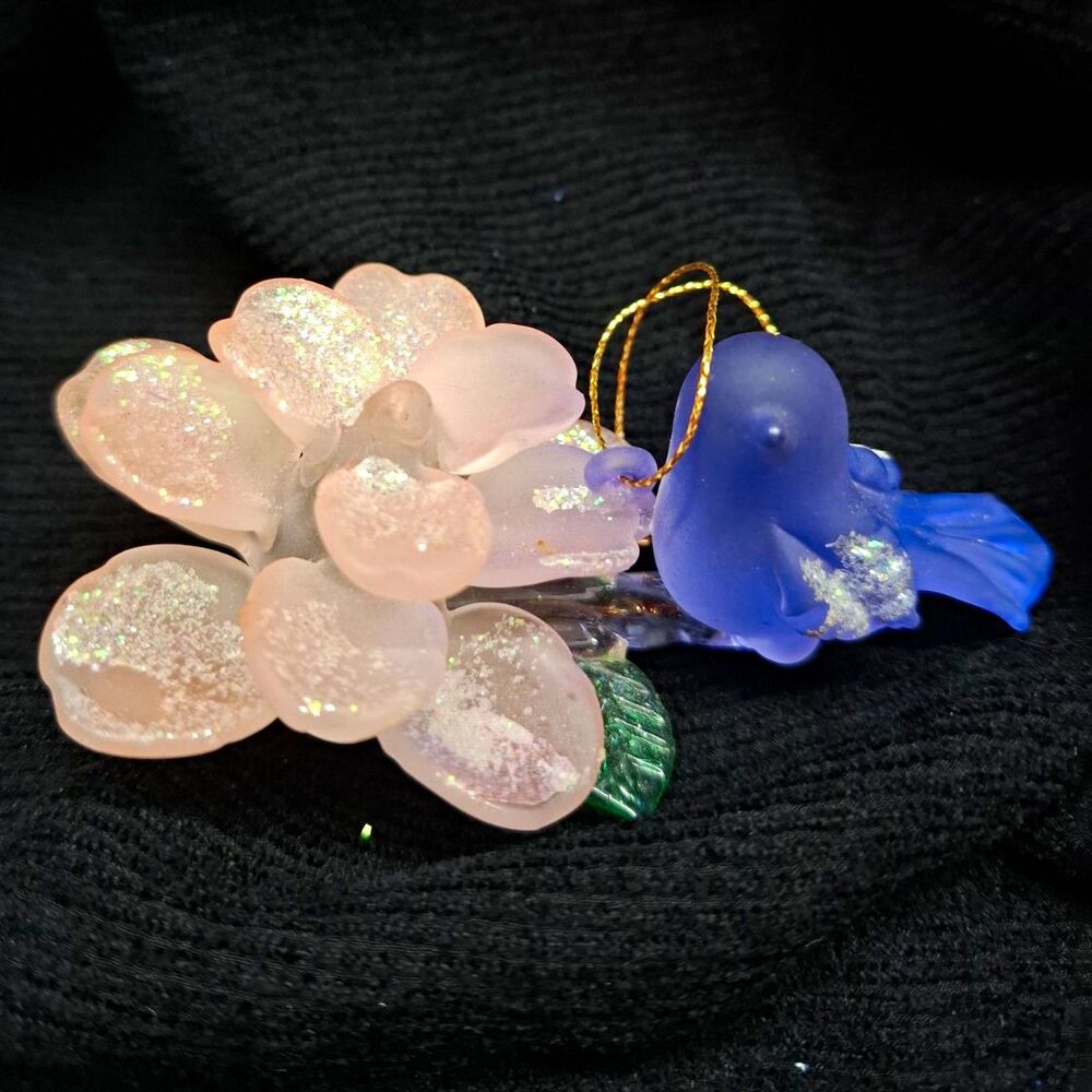 Vintage Glass Bird Flower Christmas Ornament Pink Blue Green Glitter 4" Decor